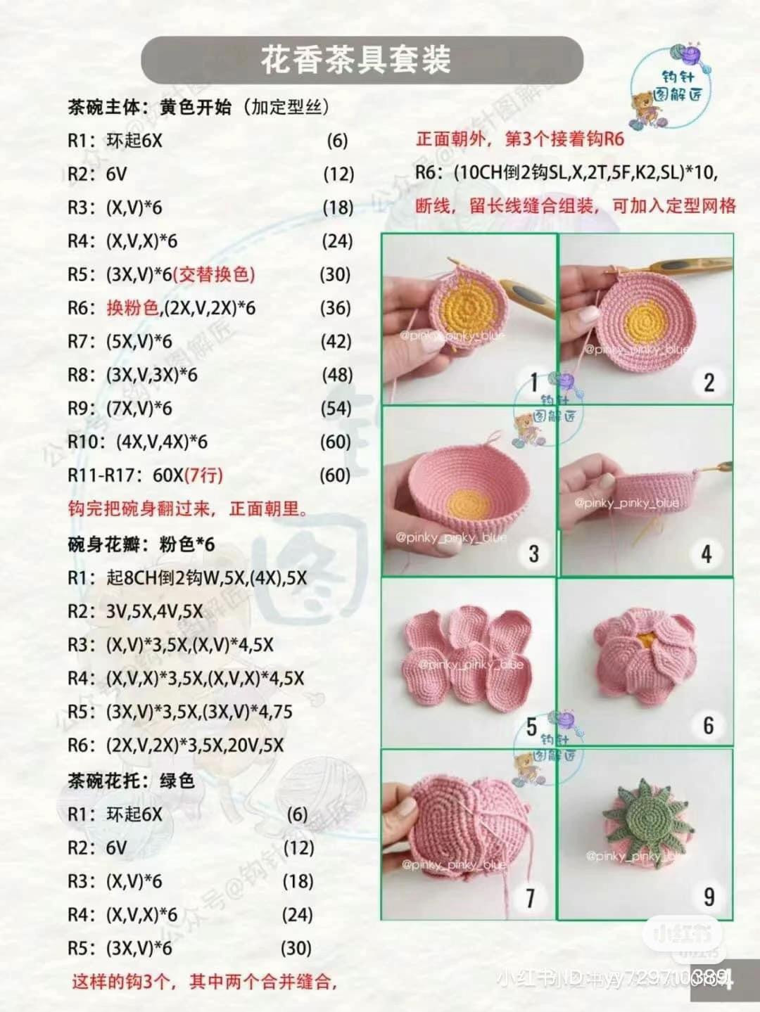 Floral Tea Set Crochet Pattern: Pink Rose Teapot, Cups, Saucers, and Cookies Chart