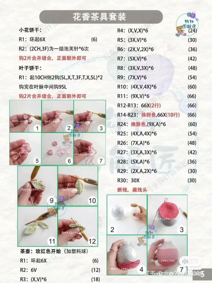 Floral Tea Set Crochet Pattern: Pink Rose Teapot, Cups, Saucers, and Cookies Chart