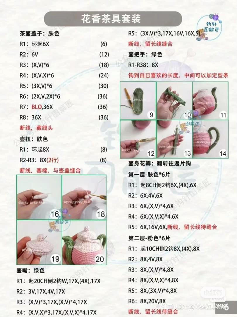 Floral Tea Set Crochet Pattern: Pink Rose Teapot, Cups, Saucers, and Cookies Chart