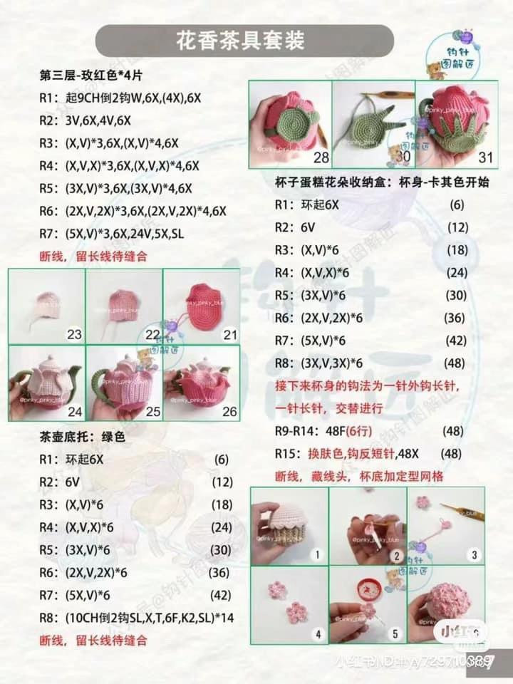 Floral Tea Set Crochet Pattern: Pink Rose Teapot, Cups, Saucers, and Cookies Chart