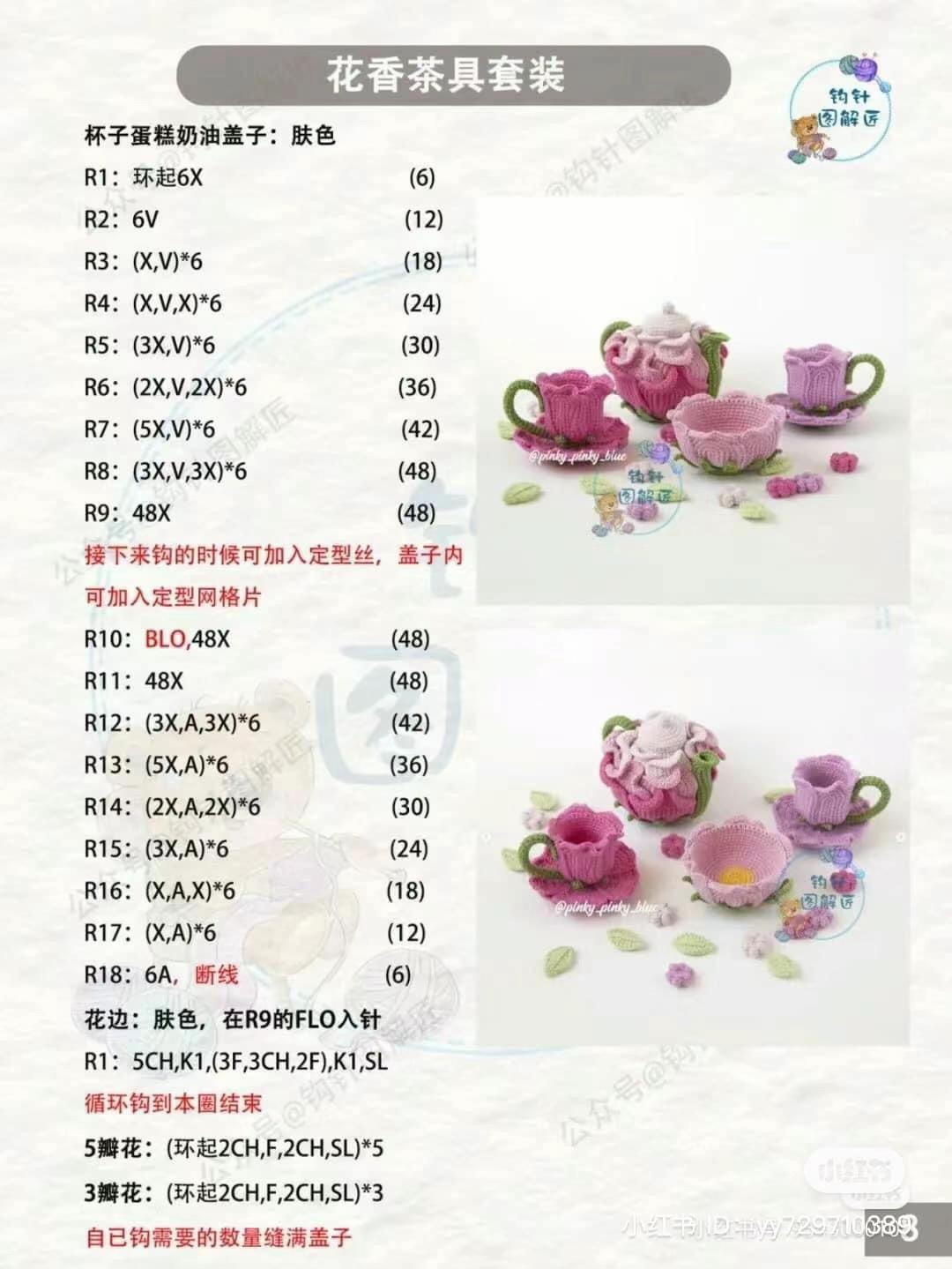 Floral Tea Set Crochet Pattern: Pink Rose Teapot, Cups, Saucers, and Cookies Chart