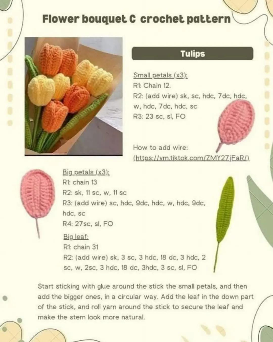 Flower bouquet C crochet pattern: Daisy, Tulips, Lily A, and Rose flowers