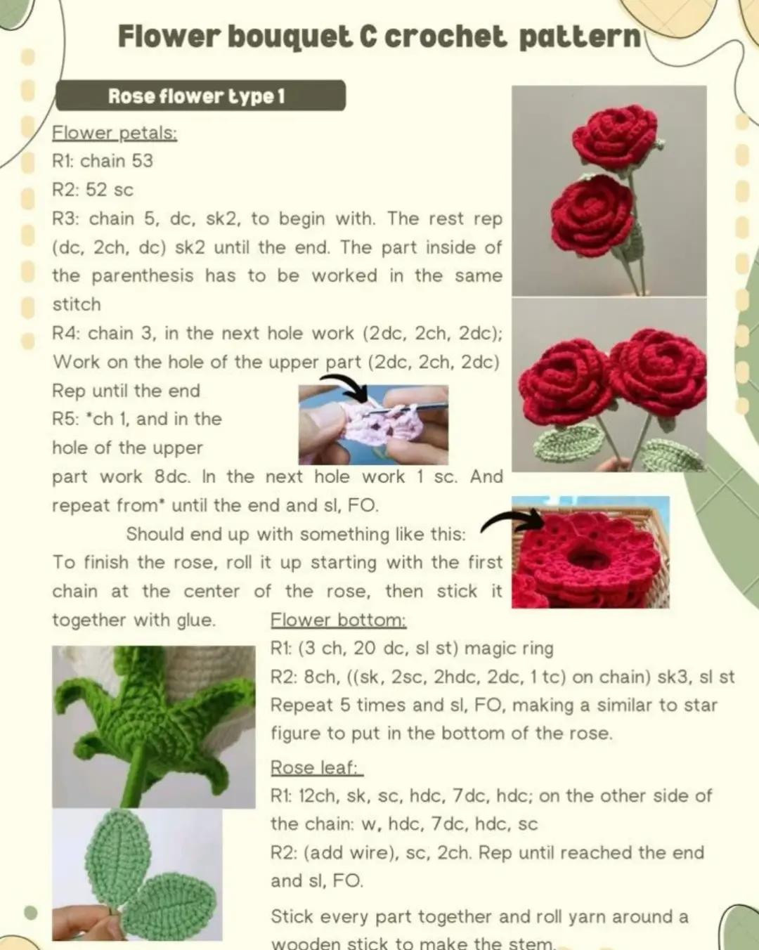 Flower bouquet C crochet pattern: Daisy, Tulips, Lily A, and Rose flowers