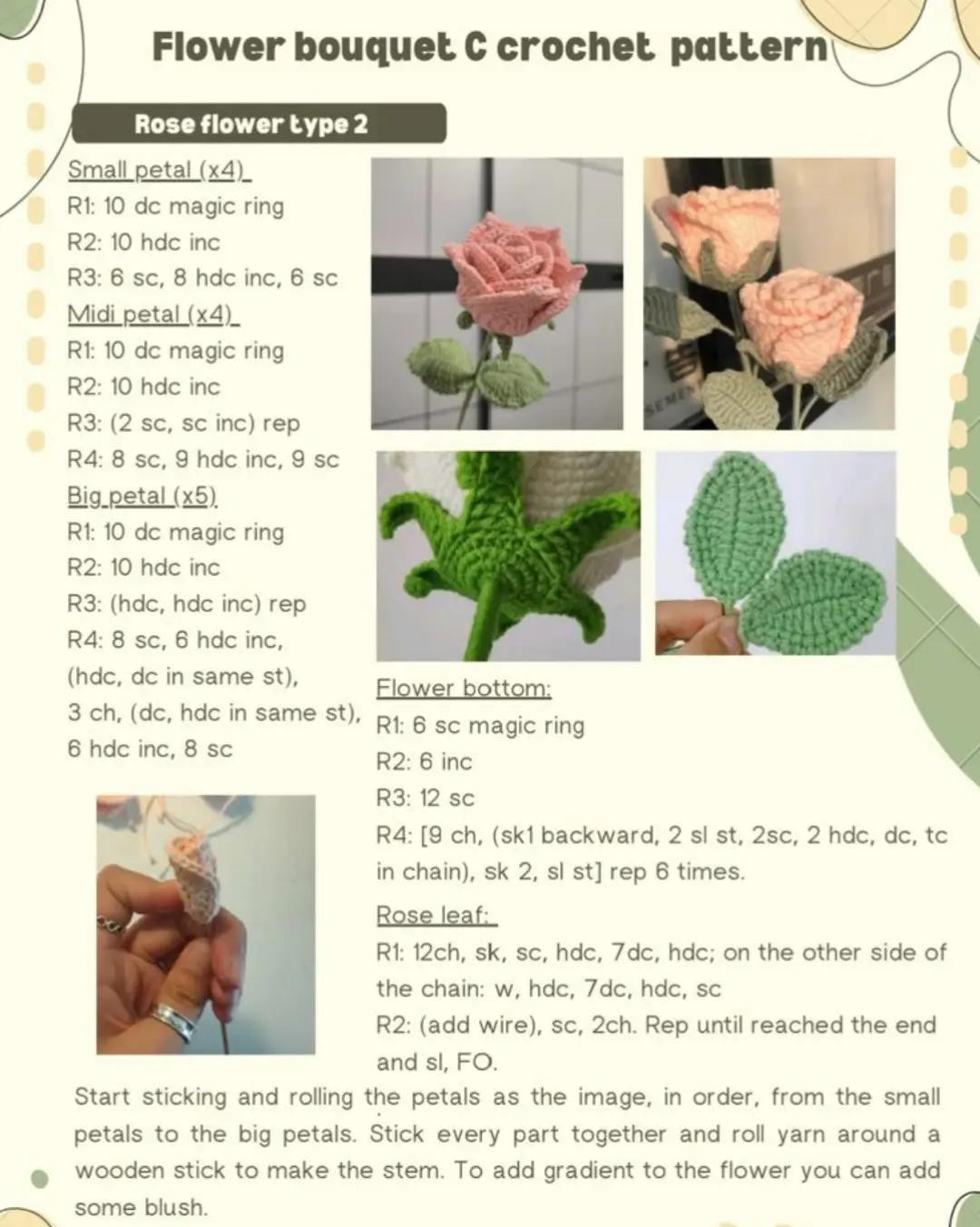 Flower bouquet C crochet pattern: Daisy, Tulips, Lily A, and Rose flowers