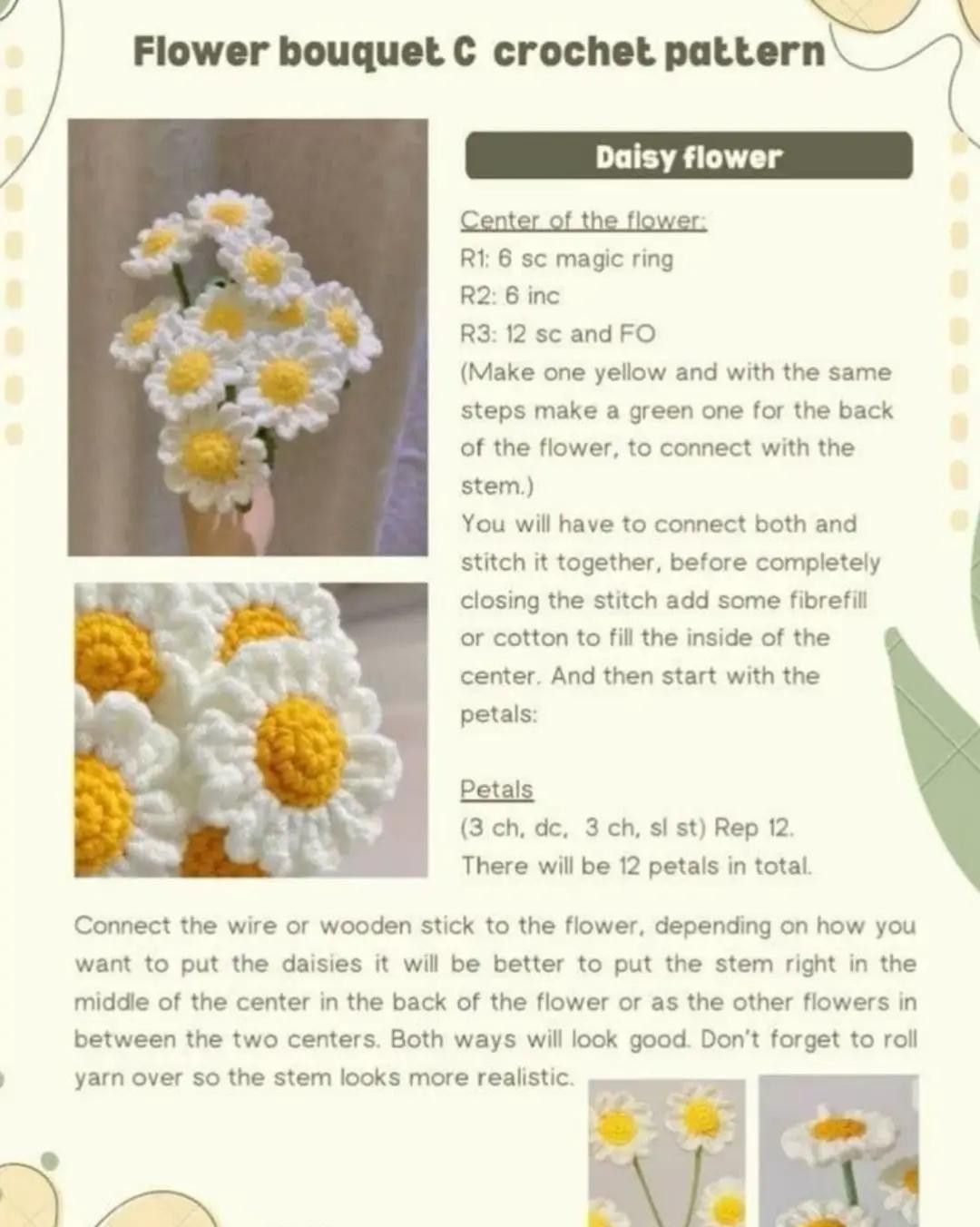 Flower bouquet C crochet pattern: Daisy, Tulips, Lily A, and Rose flowers