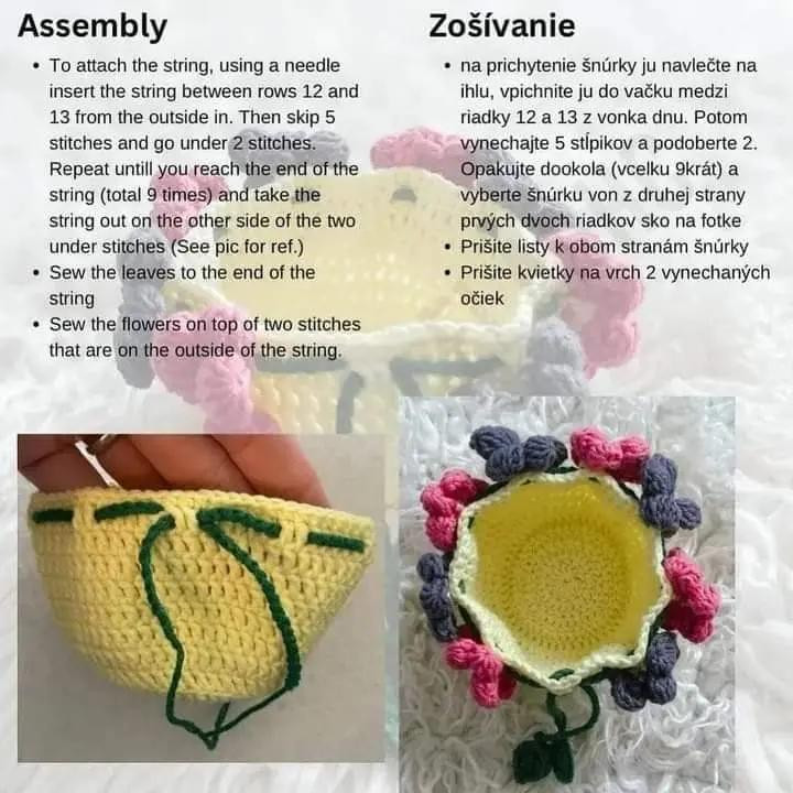 Flower Pouch Free Crochet Pattern by Oliyankoami - Yellow Bag with Pink and Blue Flowers