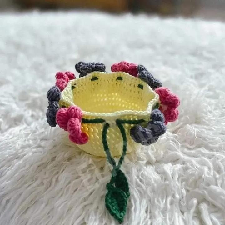 Flower Pouch Free Crochet Pattern by Oliyankoami - Yellow Bag with Pink and Blue Flowers