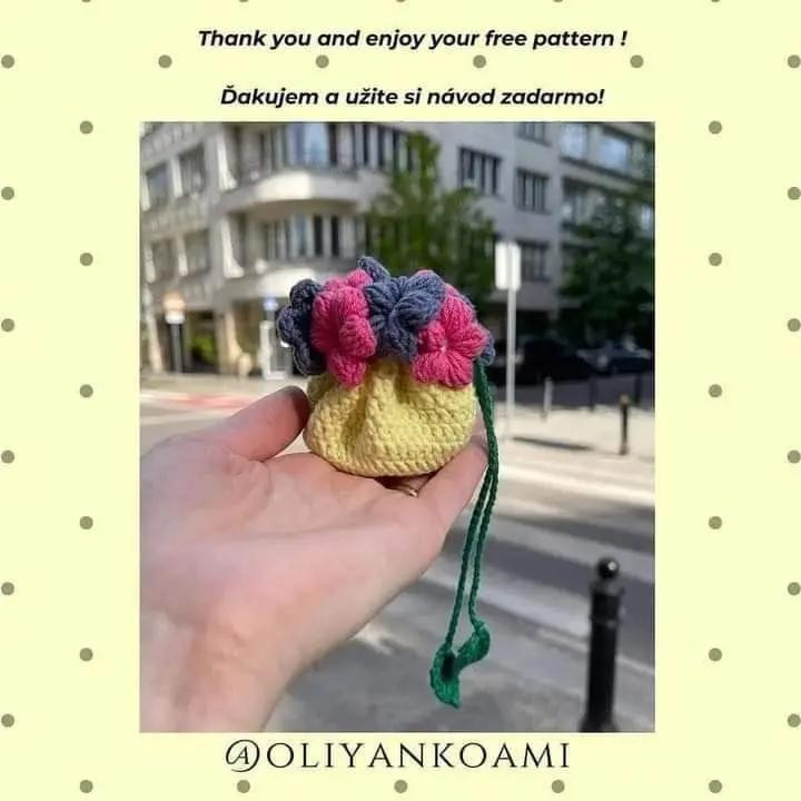 Flower Pouch Free Crochet Pattern by Oliyankoami - Yellow Bag with Pink and Blue Flowers