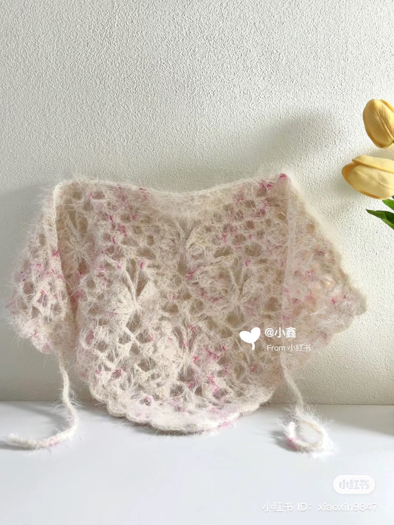 Fluffy Pink Speckled Crochet Bandana Turban with Chart Pattern