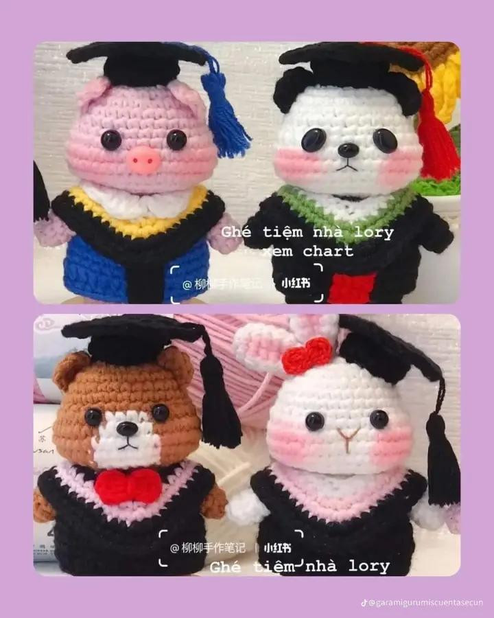 Free Crochet Amigurumi Graduation Pattern: Pig, Panda, Bear, and Rabbit in Gowns with Cap Instructions