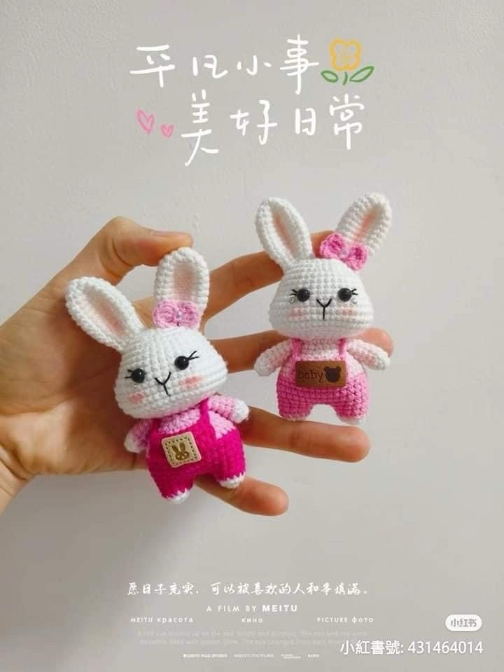 Free Crochet Amigurumi Pattern for Cute White Bunny Doll with Pink Overalls