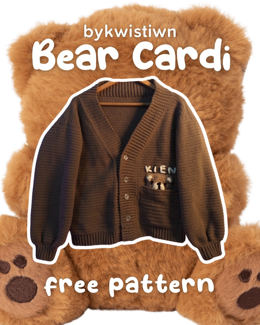 Free Crochet Bear Cardigan Pattern: Brown Button-Down Sweater with Cute Bear Applique Pocket