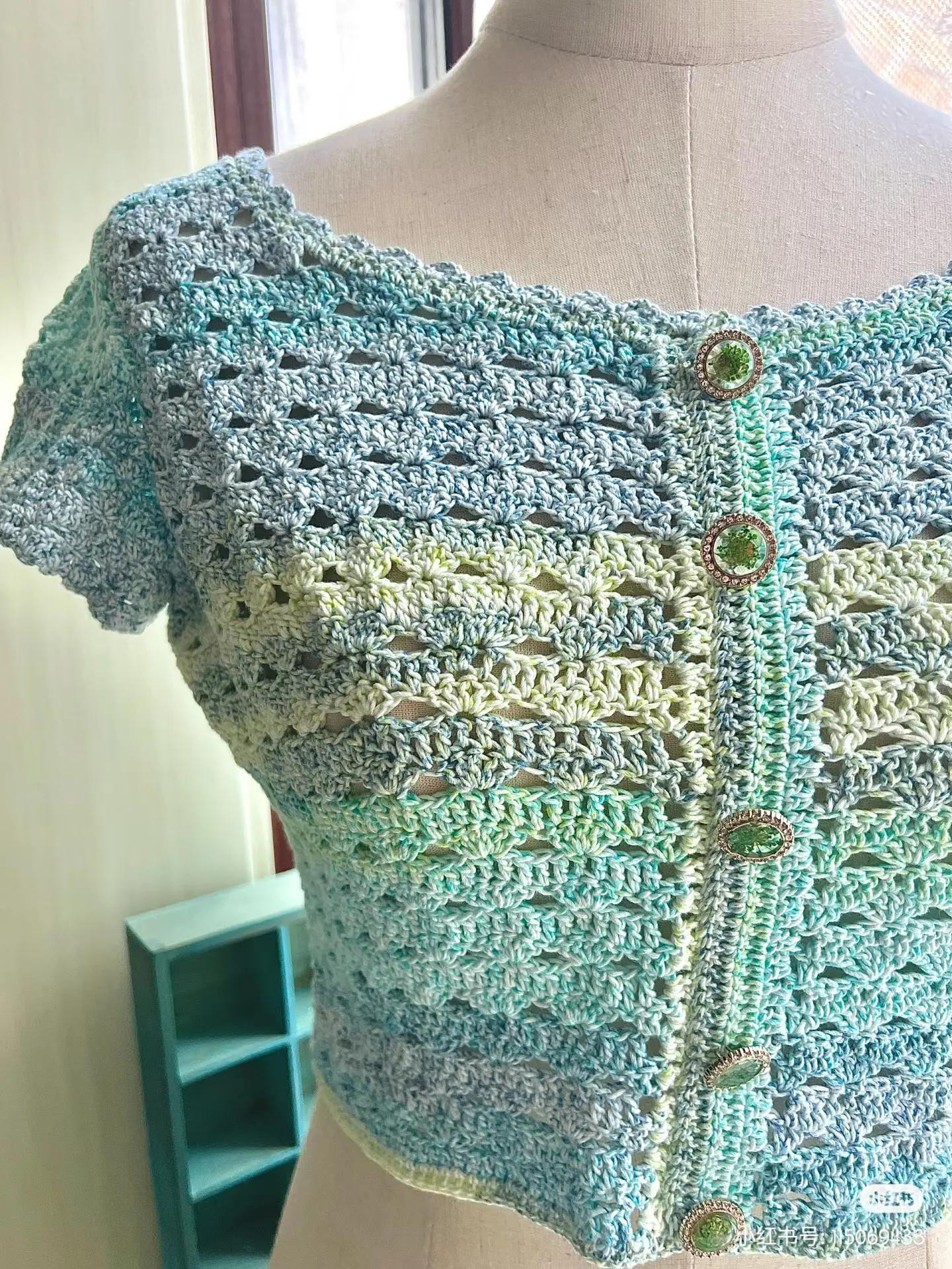 Free Crochet Chart for Gradient Blue Green Lace Crop Top with Short Sleeves and Decorative Buttons