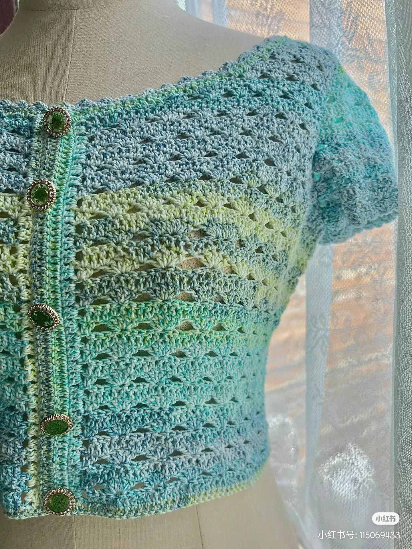 Free Crochet Chart for Gradient Blue Green Lace Crop Top with Short Sleeves and Decorative Buttons
