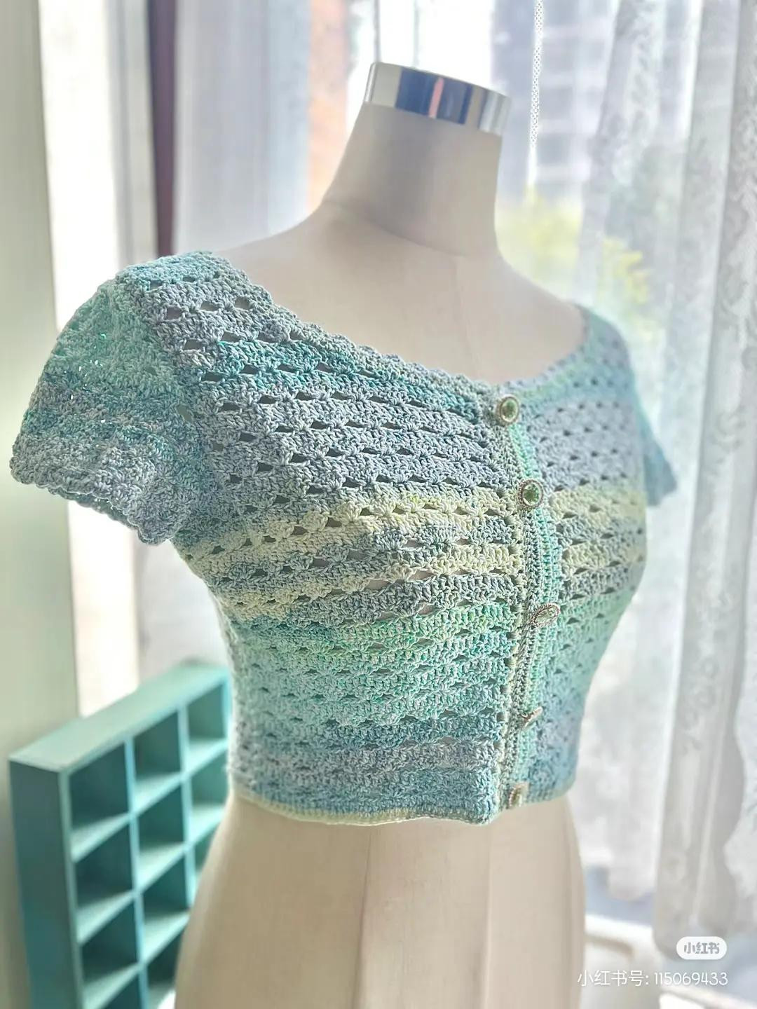 Free Crochet Chart for Gradient Blue Green Lace Crop Top with Short Sleeves and Decorative Buttons
