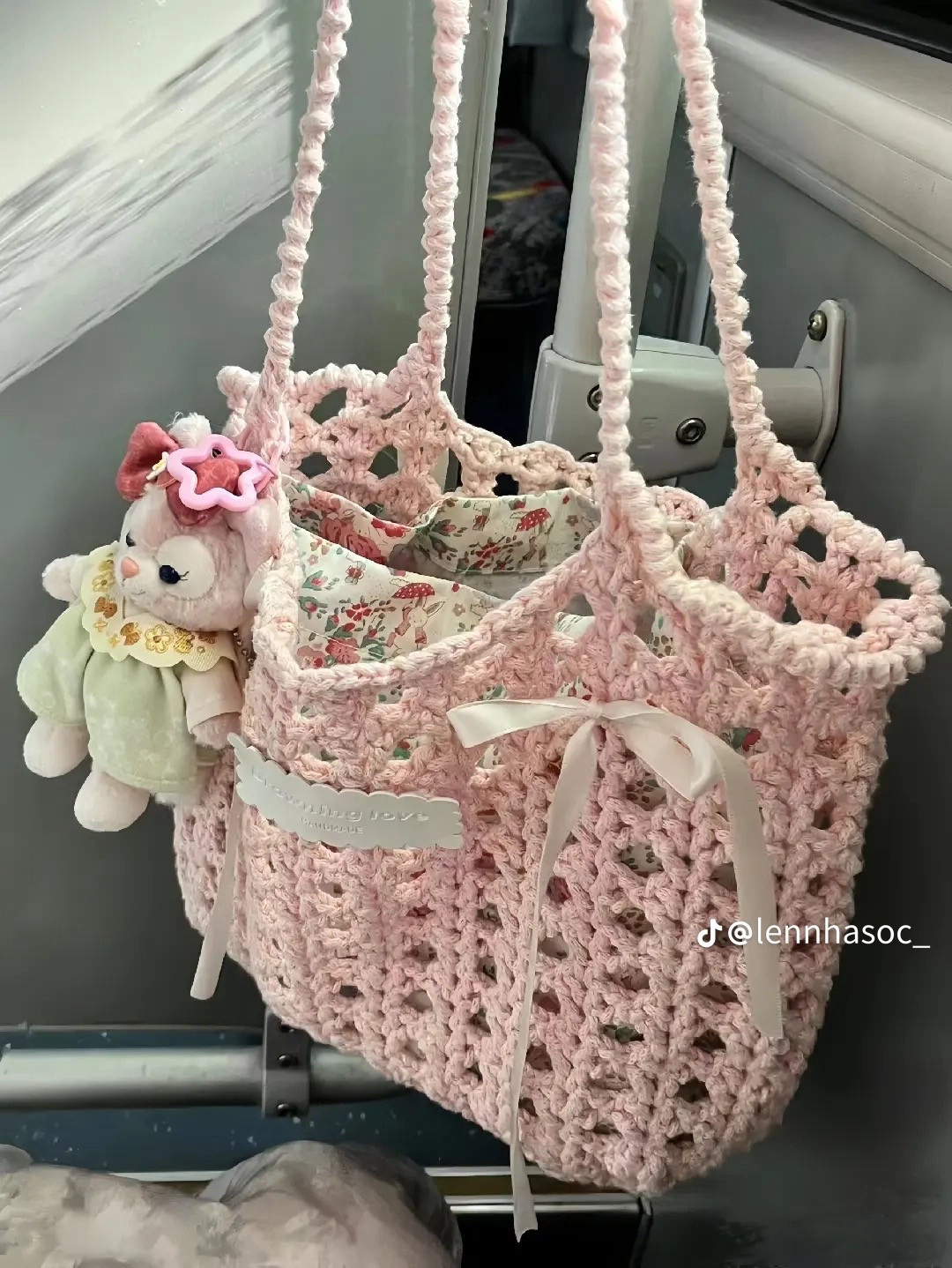 Free Crochet Chart for Pastel Mesh Bag with Floral Lining and Ribbon Details