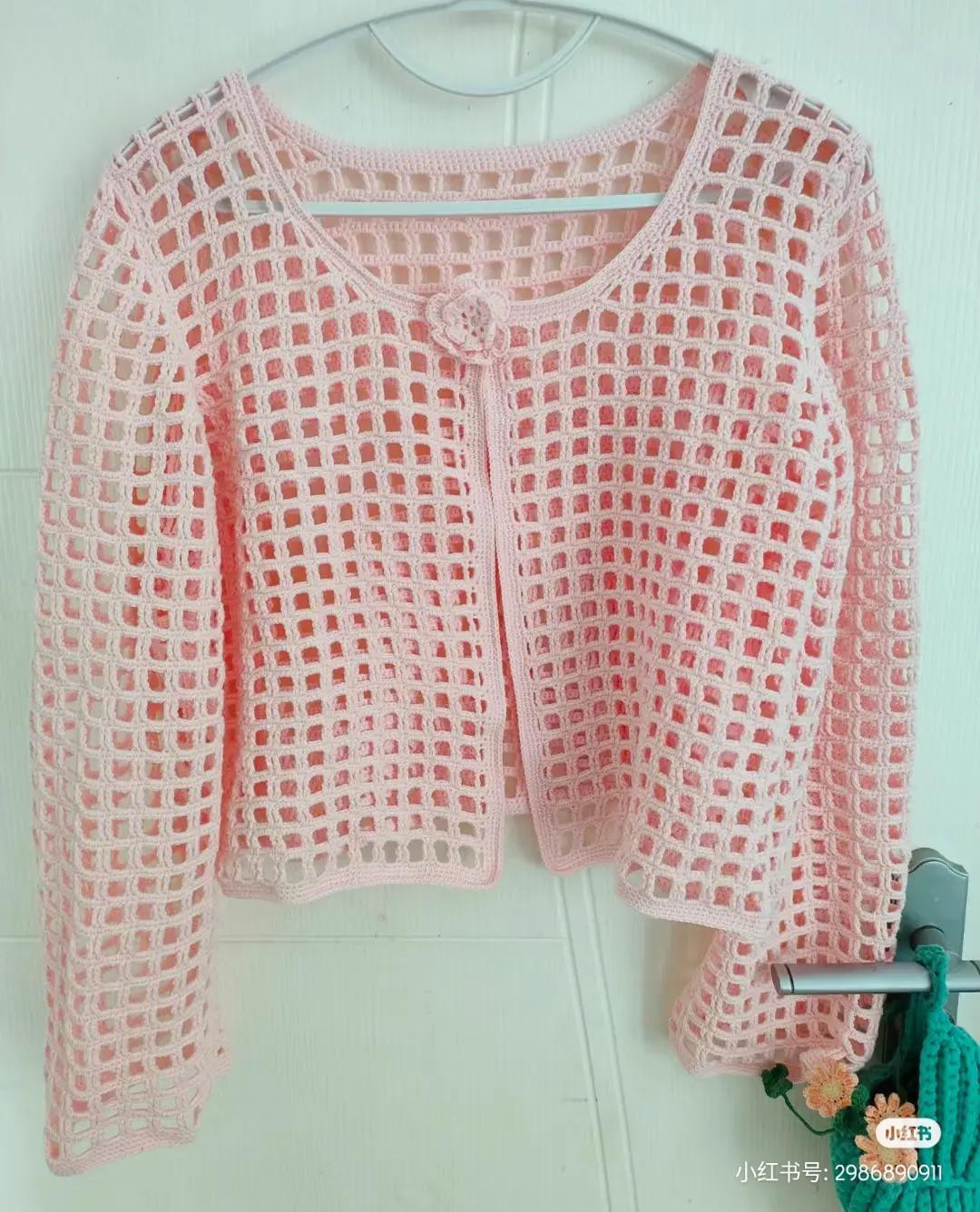 Free Crochet Chart for Pink Openwork Cardigan with Grid Pattern