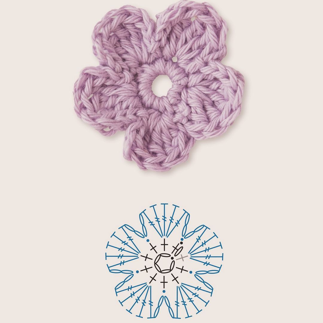 Free Crochet Chart Pattern for Textured Five-Petal Flower Motif in Pastel Colors
