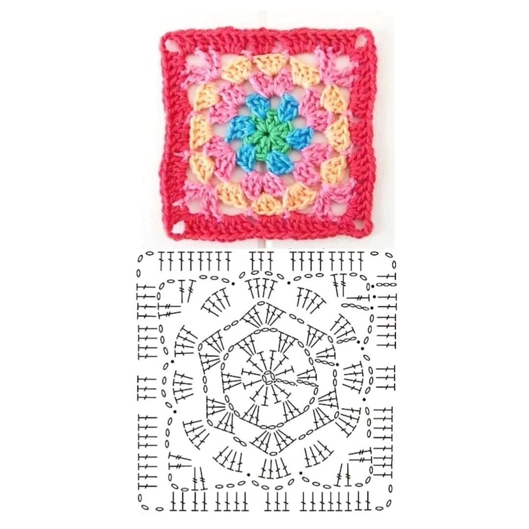 Free Crochet Granny Square Chart Pattern: Colorful Floral Motif with Step-by-Step Diagram