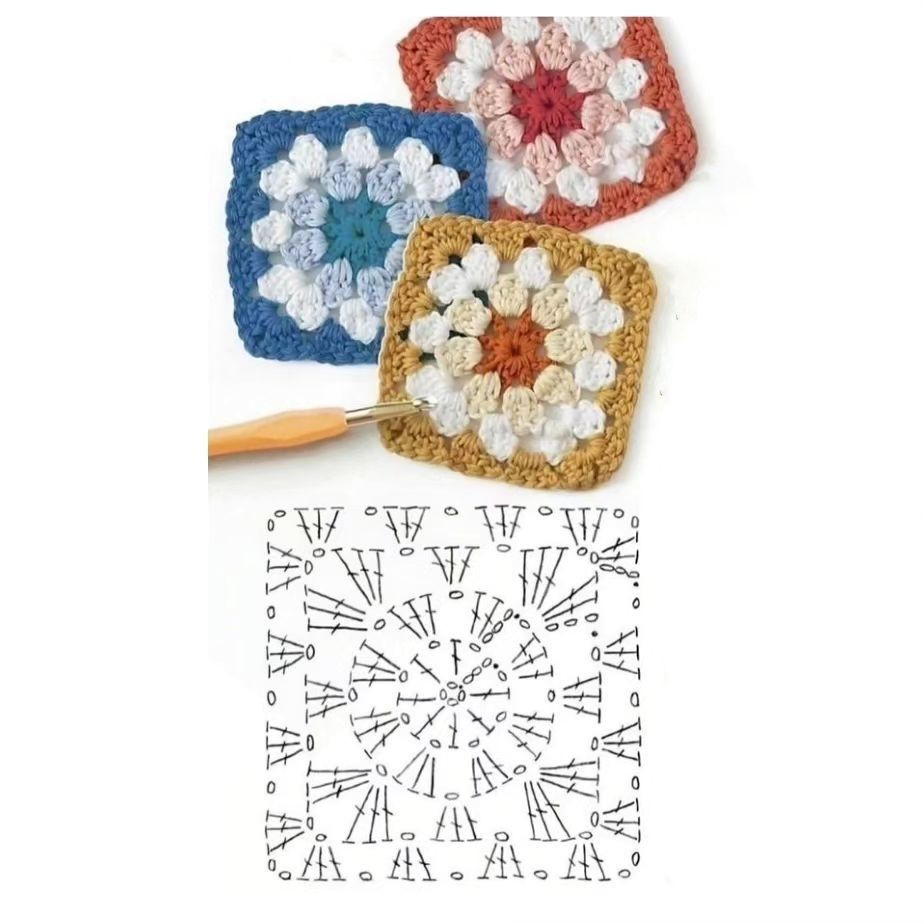Free Crochet Granny Square Chart Pattern: Colorful Floral Motif with Step-by-Step Diagram