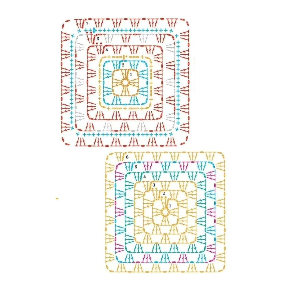 Free Crochet Granny Square Chart Pattern: Colorful Floral Motif with Step-by-Step Diagram