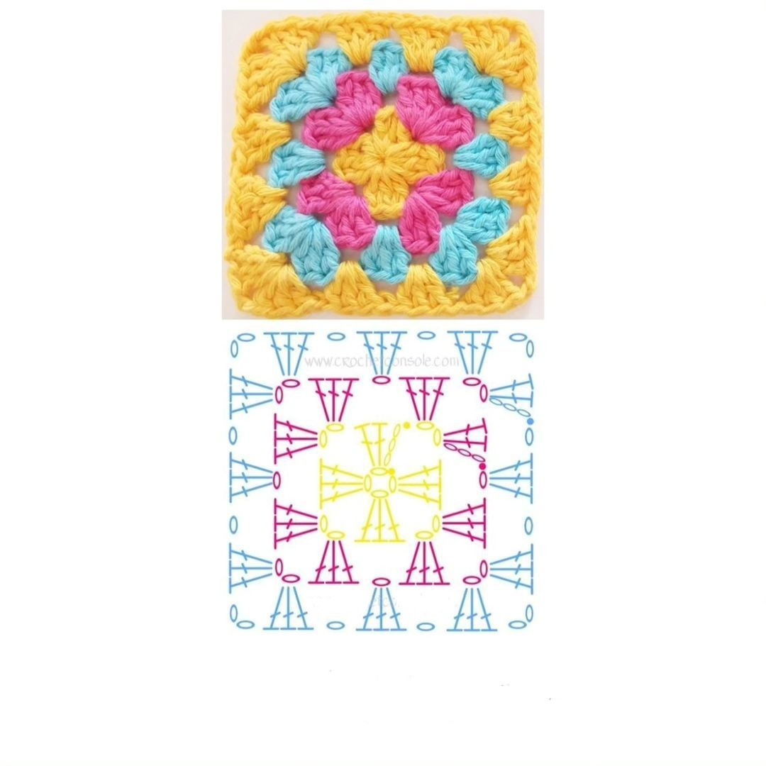 Free Crochet Granny Square Chart Pattern: Colorful Floral Motif with Step-by-Step Diagram