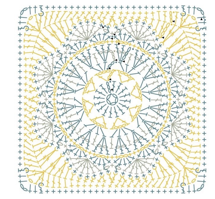 Free Crochet Granny Square Pattern Chart: Blue, Yellow & White Colorwork