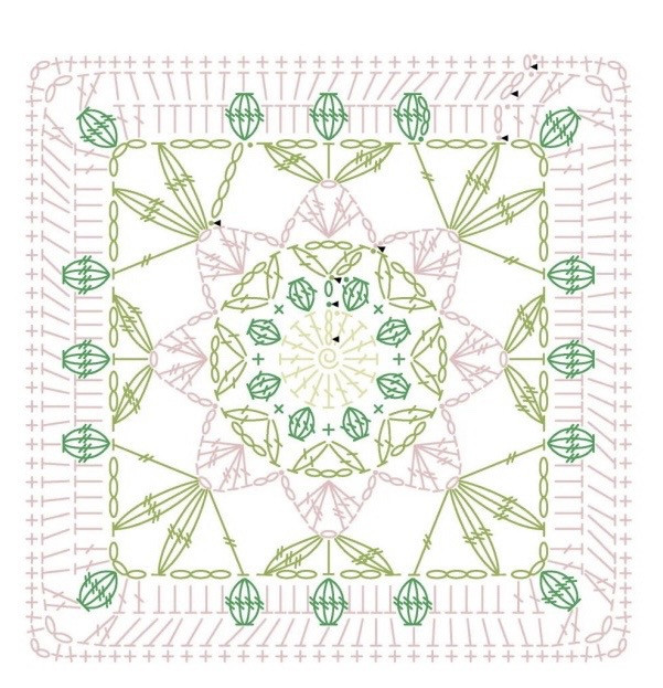 Free Crochet Granny Square Pattern Chart - Floral Design in Pink and Green