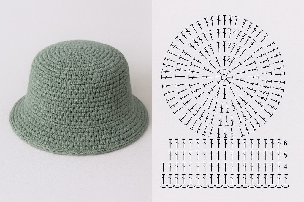 Free Crochet Hat Patterns: Teal Cloche with Flower and Sage Bucket Hat Flat Charts