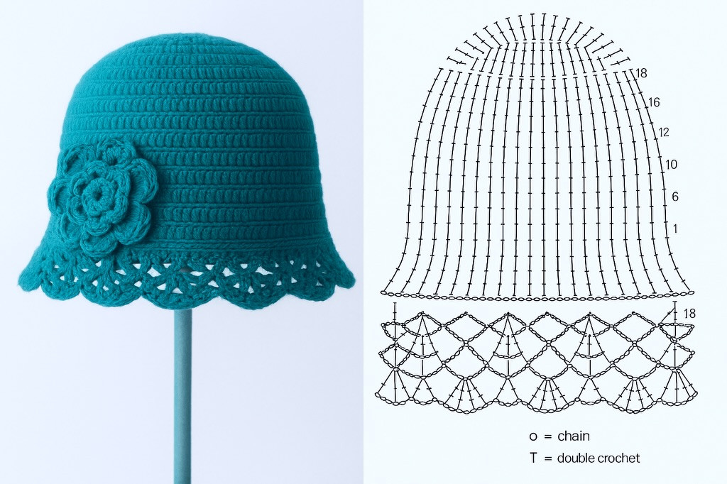 Free Crochet Hat Patterns: Teal Cloche with Flower and Sage Bucket Hat Flat Charts