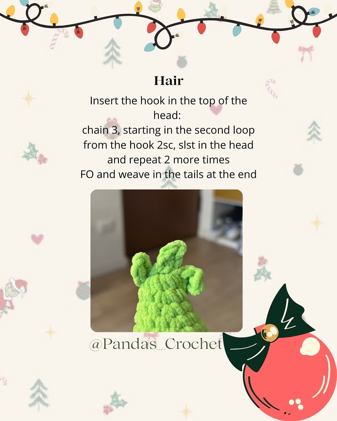 Free Crochet Pattern: Baby Grinch Amigurumi Doll with Christmas Lights and Chenille Yarn
