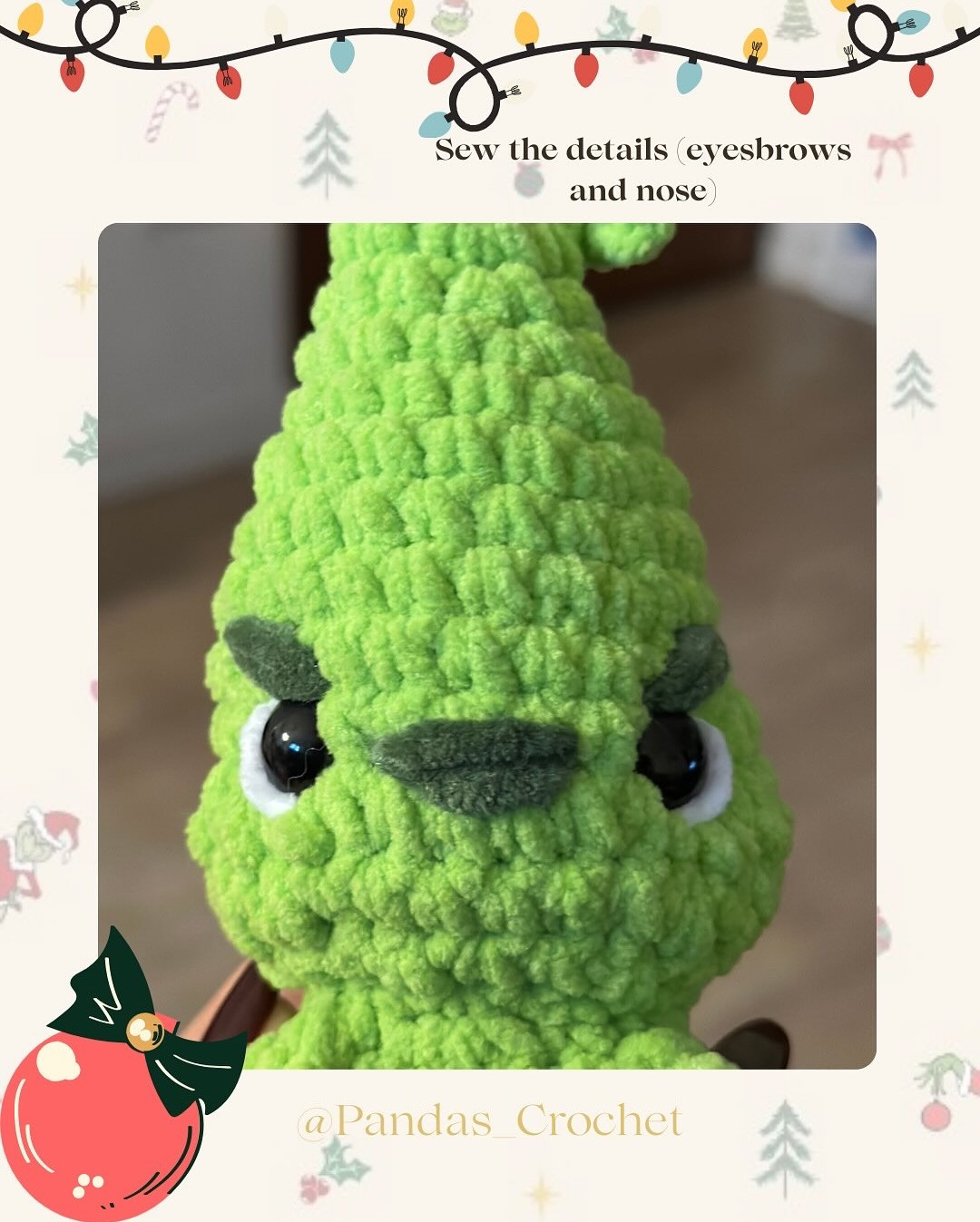 Free Crochet Pattern: Baby Grinch Amigurumi Doll with Christmas Lights and Chenille Yarn