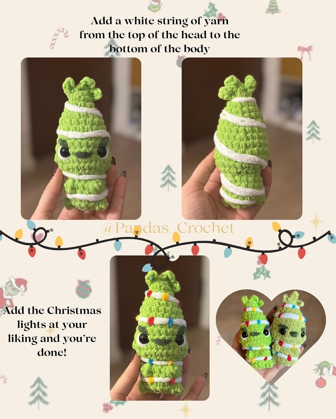 Free Crochet Pattern: Baby Grinch Amigurumi Doll with Christmas Lights and Chenille Yarn