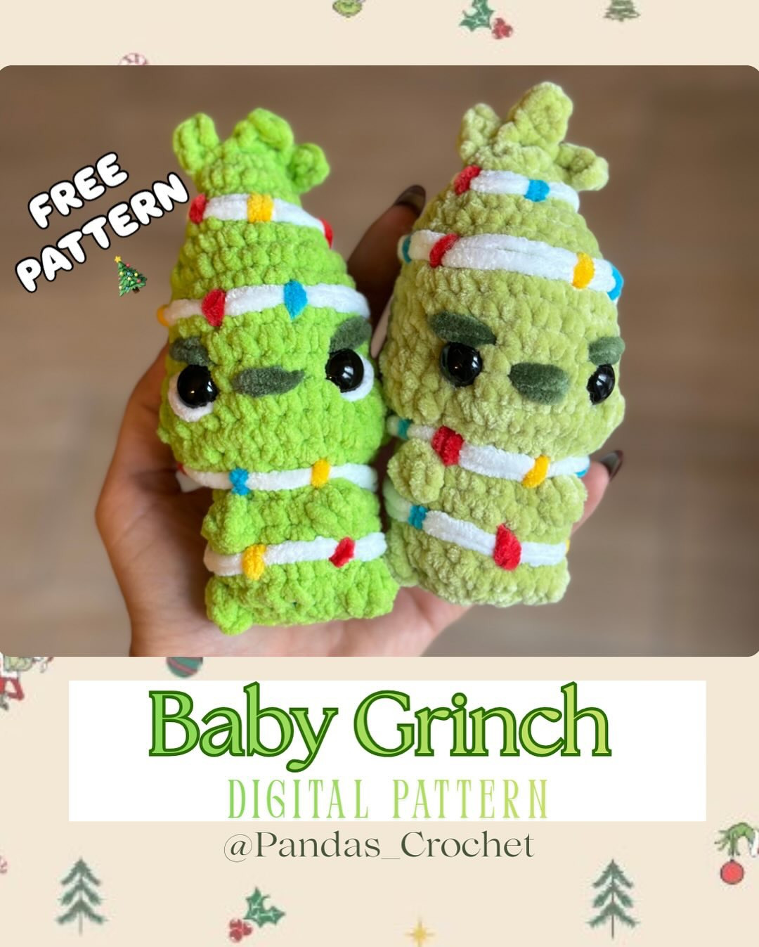 Free Crochet Pattern: Baby Grinch Amigurumi Doll with Christmas Lights and Chenille Yarn
