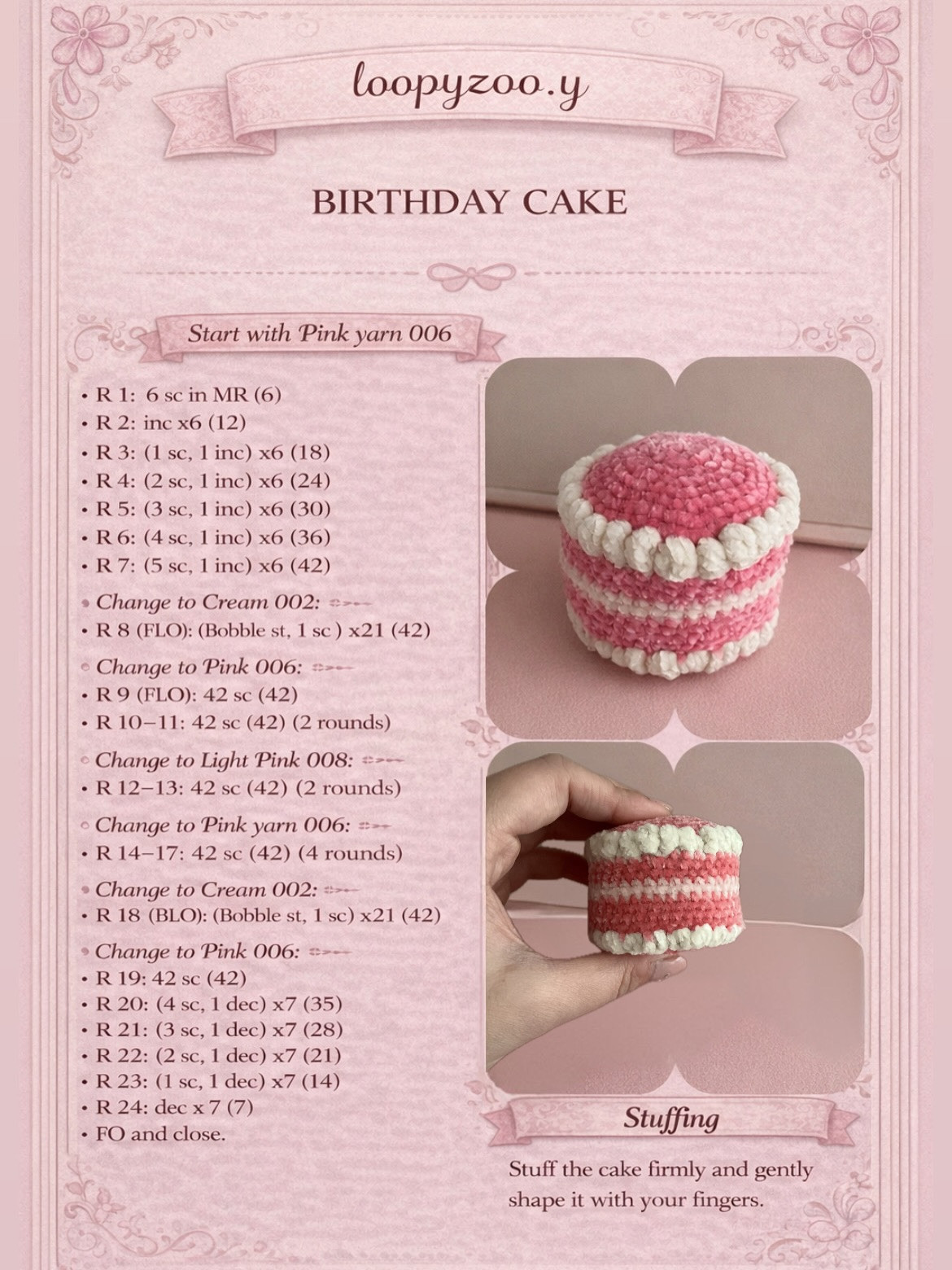 Free Crochet Pattern: Birthday Cat Cake by loopyzoo.y - Cute Amigurumi Cat on Pink Layered Cake