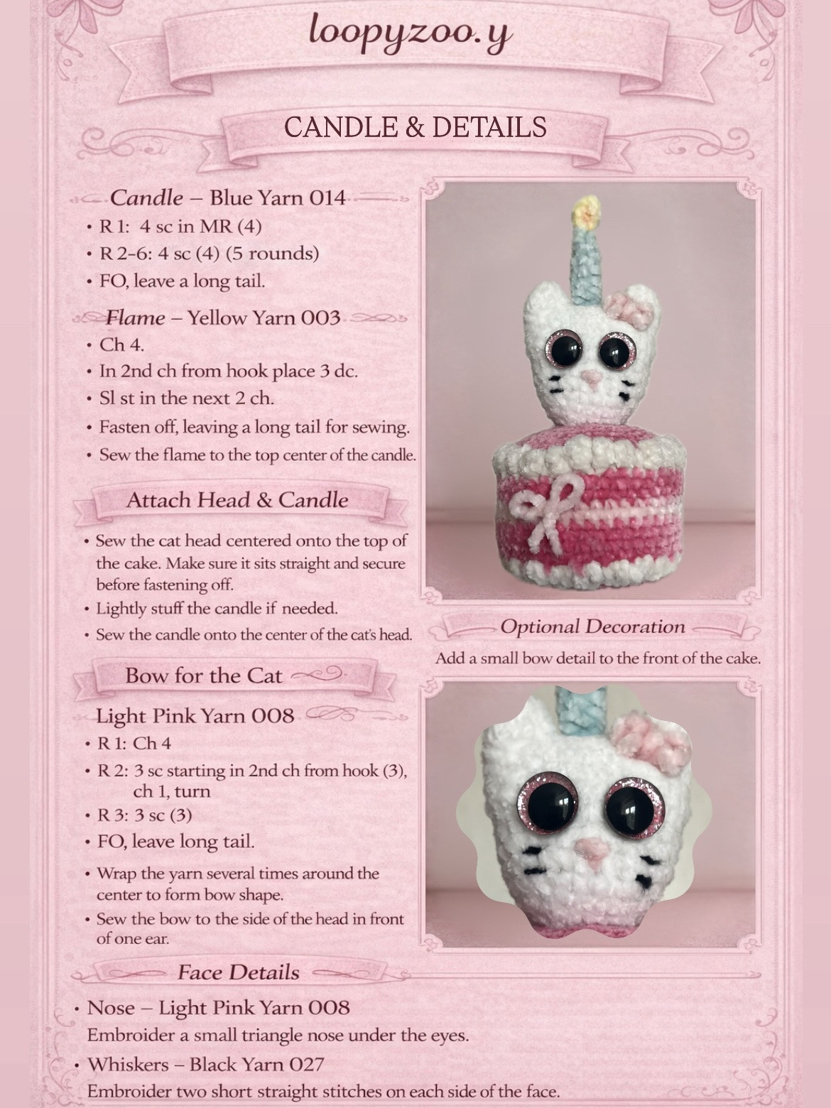 Free Crochet Pattern: Birthday Cat Cake by loopyzoo.y - Cute Amigurumi Cat on Pink Layered Cake
