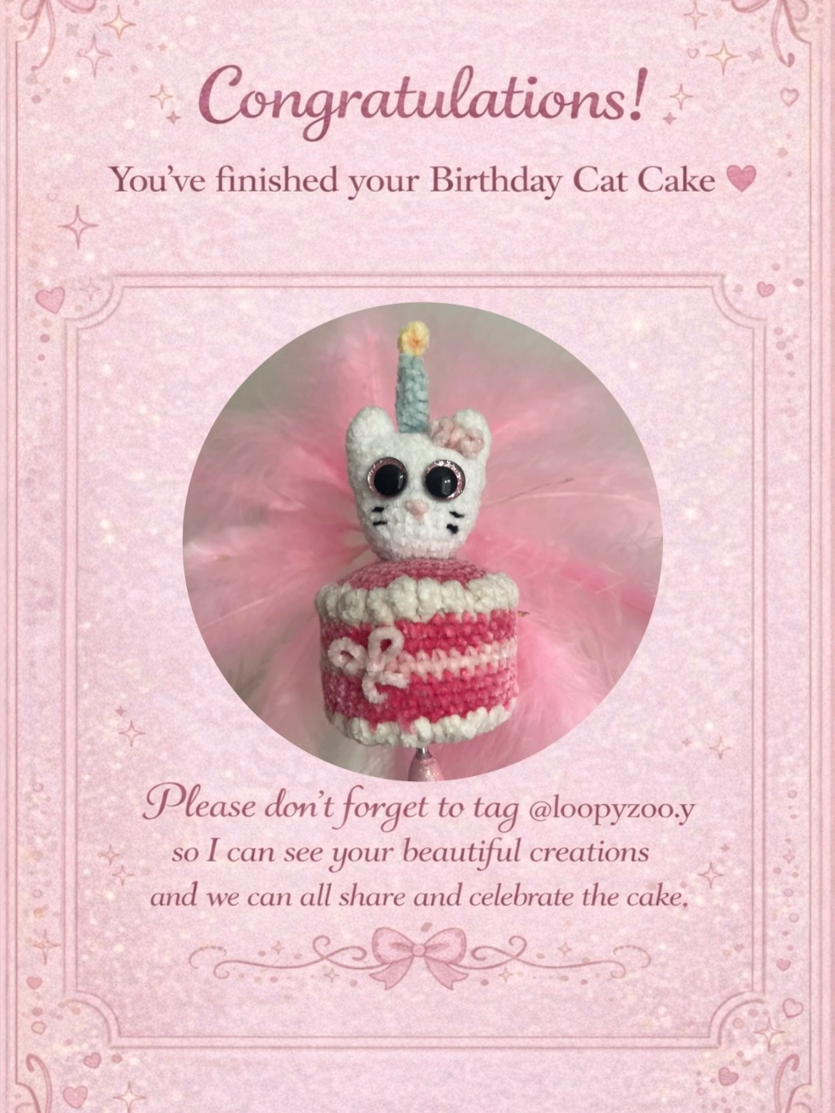 Free Crochet Pattern: Birthday Cat Cake by loopyzoo.y - Cute Amigurumi Cat on Pink Layered Cake
