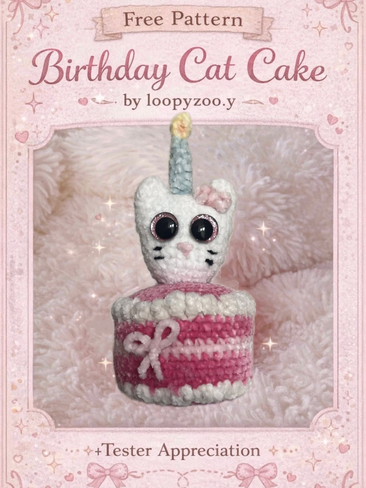 Free Crochet Pattern: Birthday Cat Cake by loopyzoo.y - Cute Amigurumi Cat on Pink Layered Cake