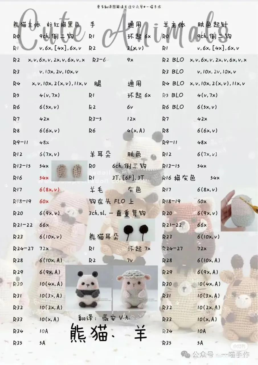 Free Crochet Pattern Chart for Cute Animals: Panda, Shiba Inu, Bear, Cat, Giraffe, Pig & Rabbit
