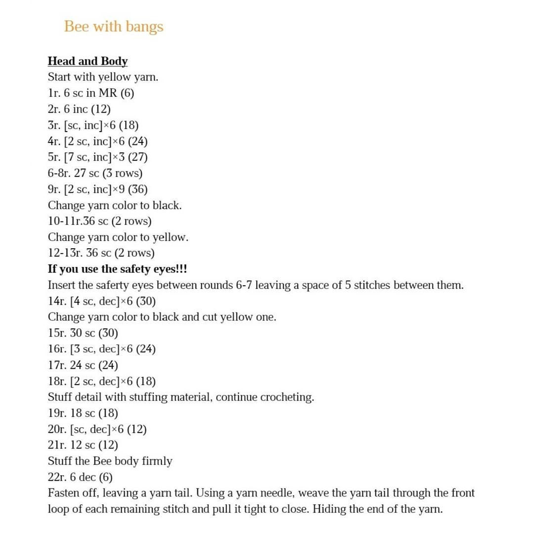 Free Crochet Pattern: Cute Amigurumi Bee with Bangs by @taty_knits