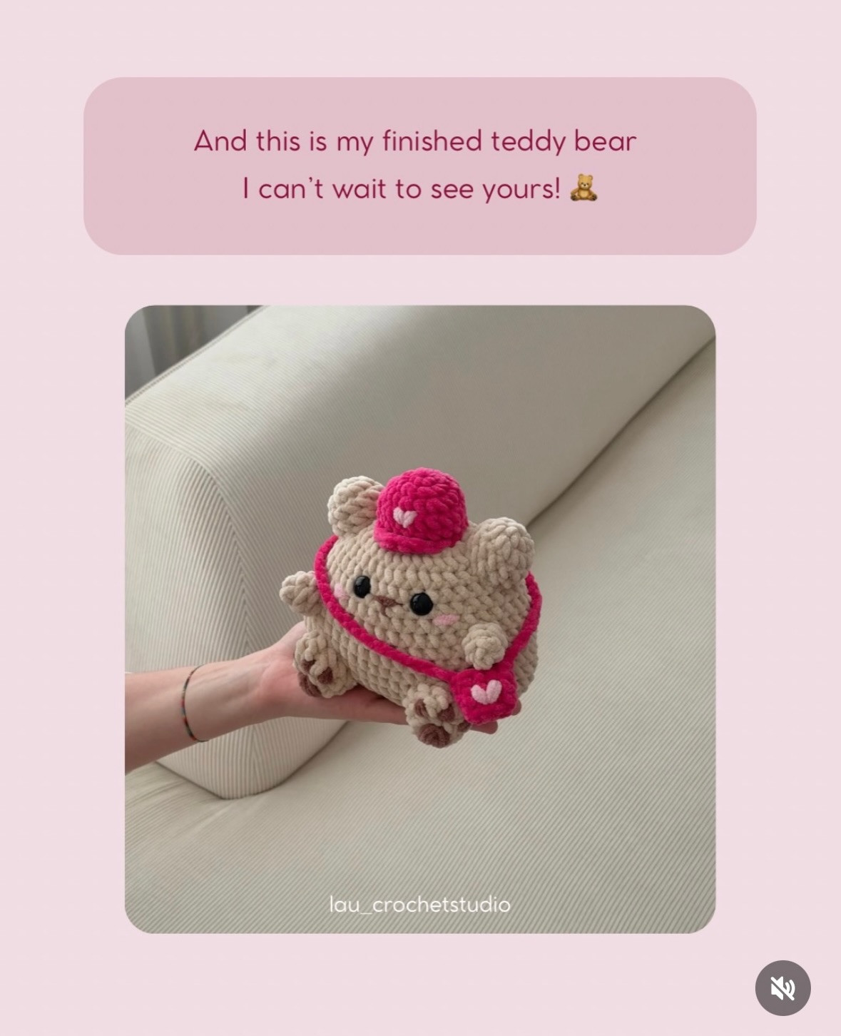Free Crochet Pattern: Cute Beige Teddy Bear with Pink Cap and Heart Bag