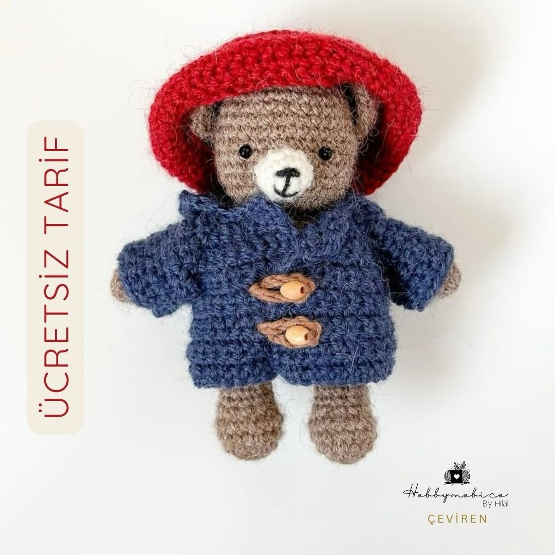 Free Crochet Pattern: Cute Brown Teddy Bear with Red Hat and Blue Coat