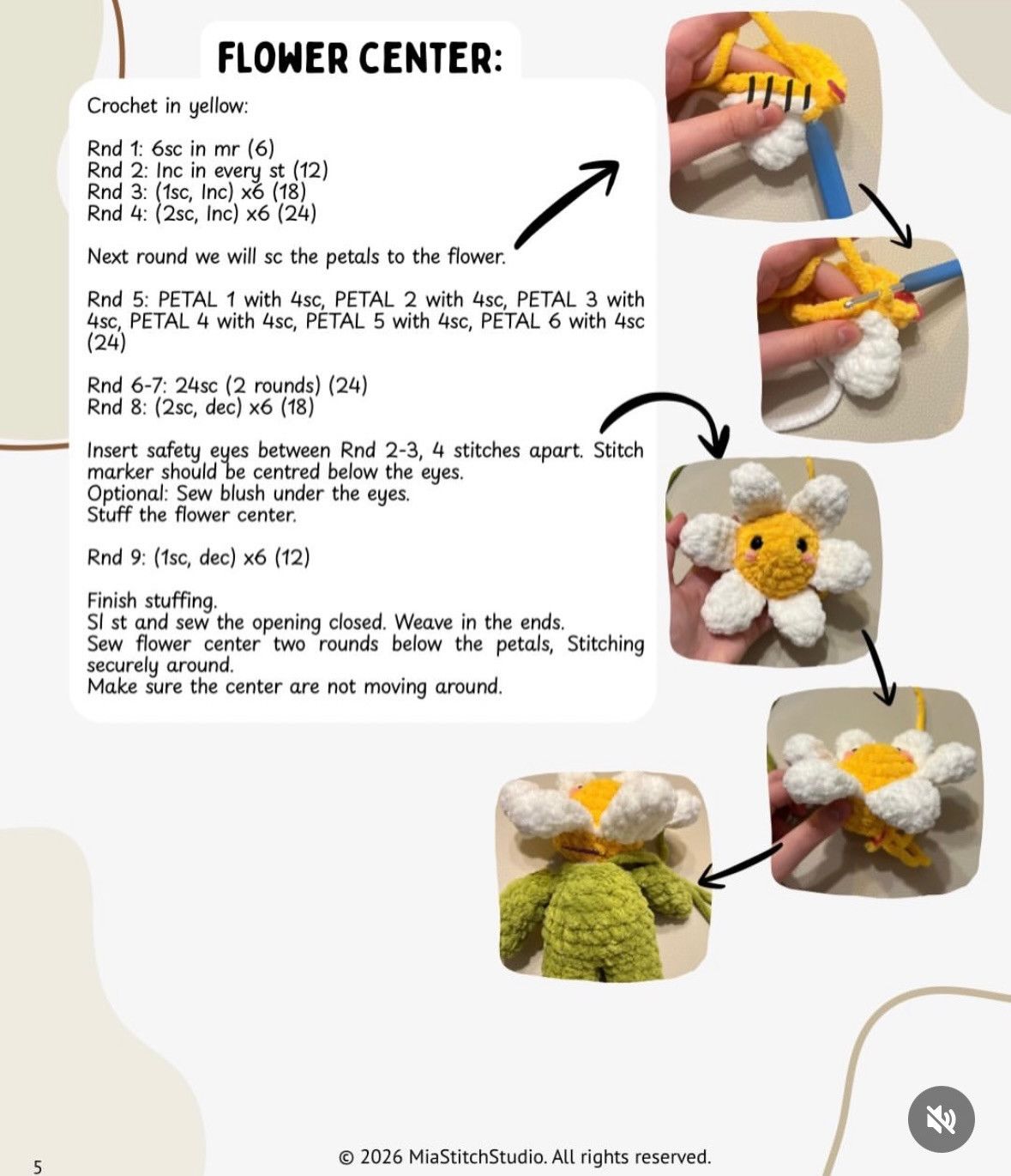 Free Crochet Pattern: Cute Daisy Flower Buddy Amigurumi with White Petals and Green Body