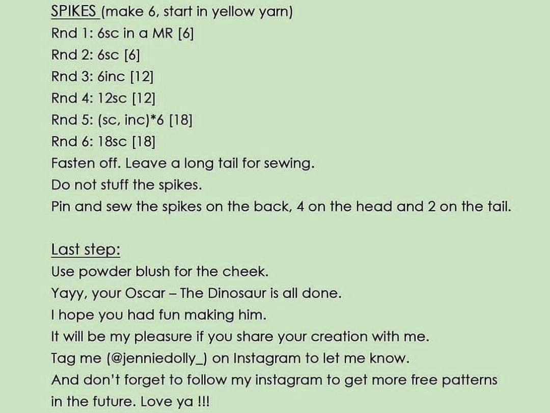 Free Crochet Pattern: Cute Green Dinosaur Amigurumi Doll