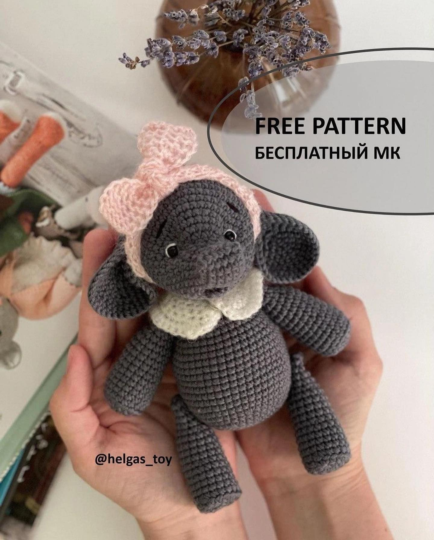 Free Crochet Pattern: Cute Grey Elephant Amigurumi with Pink Bow and White Collar by Helgas Toy