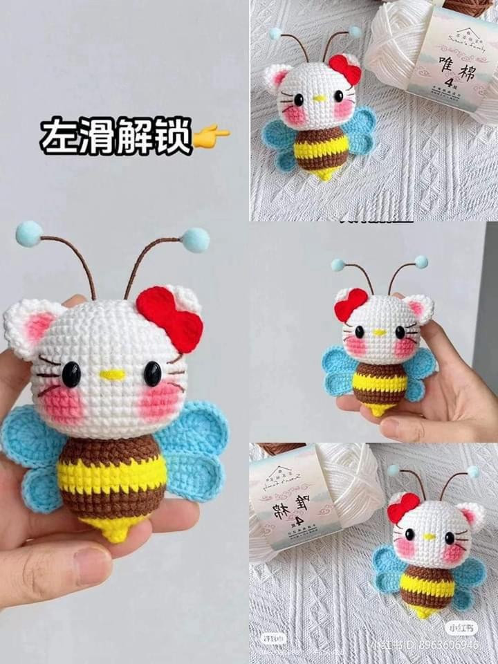 Free Crochet Pattern: Cute Hello Kitty Bee Amigurumi Doll with Wings