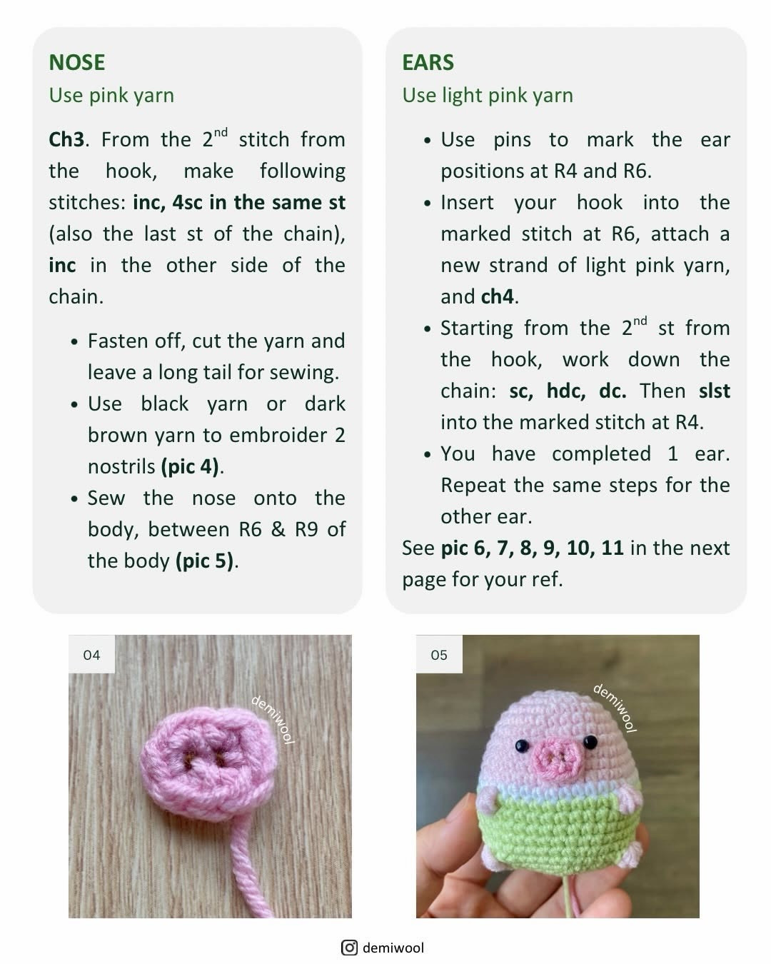 Free Crochet Pattern: Cute Mini Pig Amigurumi Doll in Pink and Green with Detailed Instructions