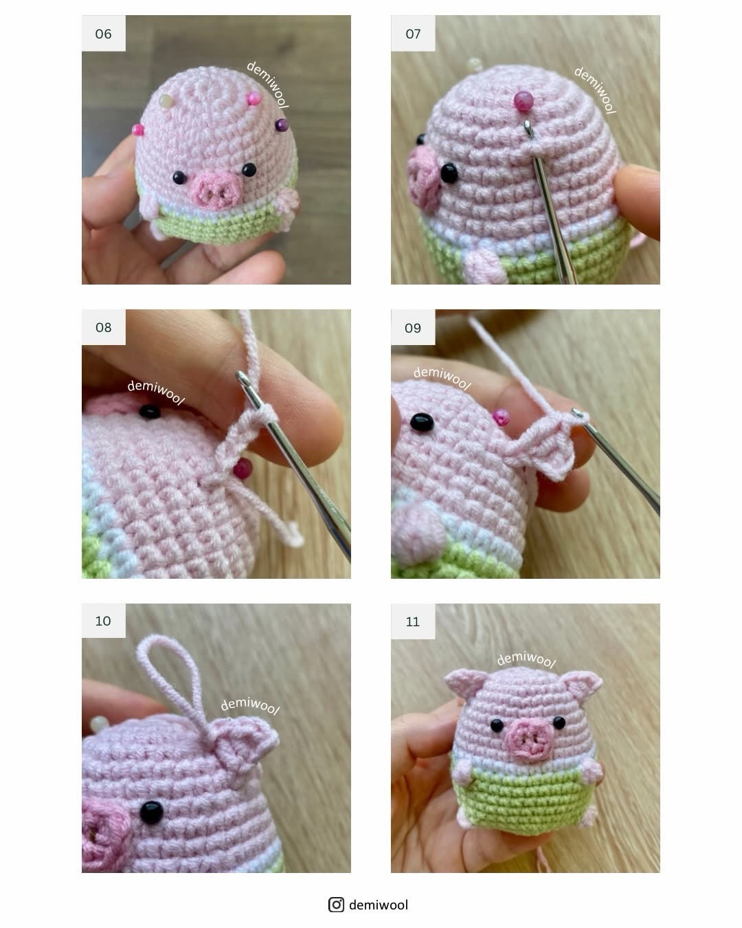Free Crochet Pattern: Cute Mini Pig Amigurumi Doll in Pink and Green with Detailed Instructions