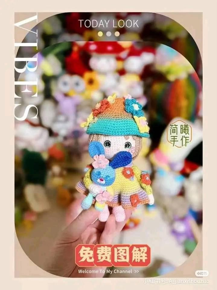 Free Crochet Pattern: Cute Rainbow Doll with Flower Hat and Bunny