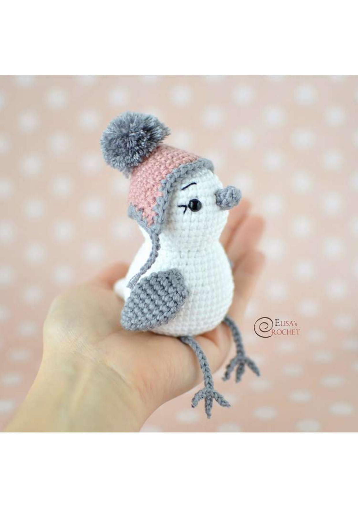 Free Crochet Pattern for Cute Amigurumi Bird with Pink Hat and Gray Wings